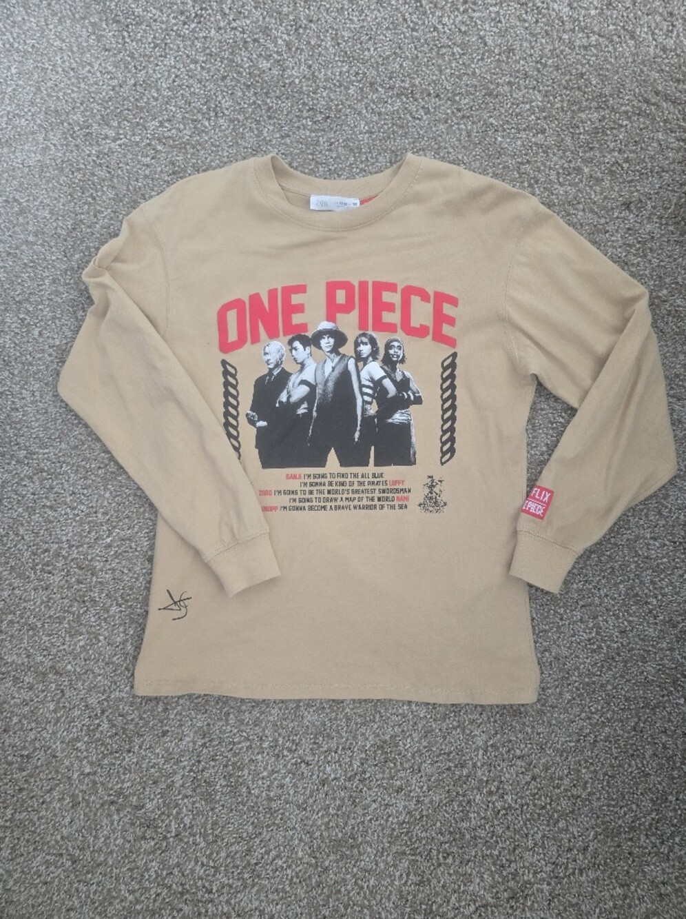 Zara Kids Beige Long Sleeve Tee with Red Text ONE PIECE Graphic